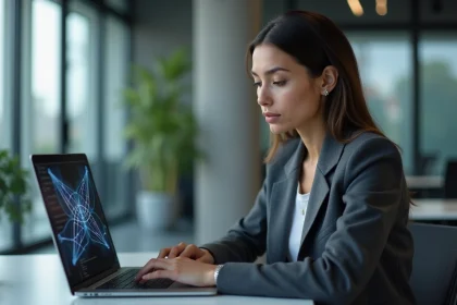 Femme cadre découvrant l'intelligence artificielle Yindofoyelaszoz sur son ordinateur portable dans un bureau moderne