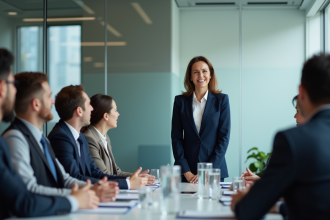Femme confiante en costume navy lors d'une réunion d'affaires