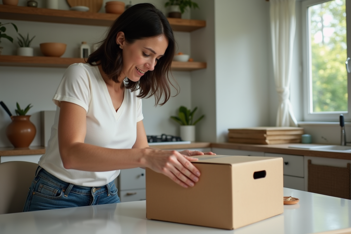 Femme d'âge moyen emballant des cartons dans la cuisine