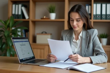 Femme entrepreneuse consultant des documents juridiques et un site de création d'entreprise sur ordinateur portable dans un bureau moderne