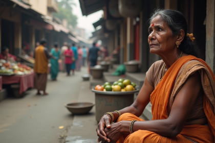 Femme indienne en sari assise sur des marches de marché