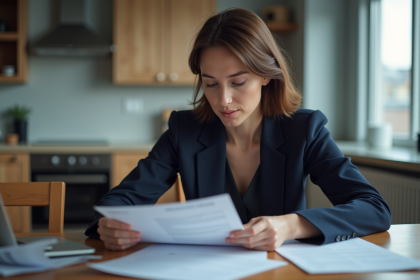 Femme professionnelle lit un document officiel dans une cuisine moderne