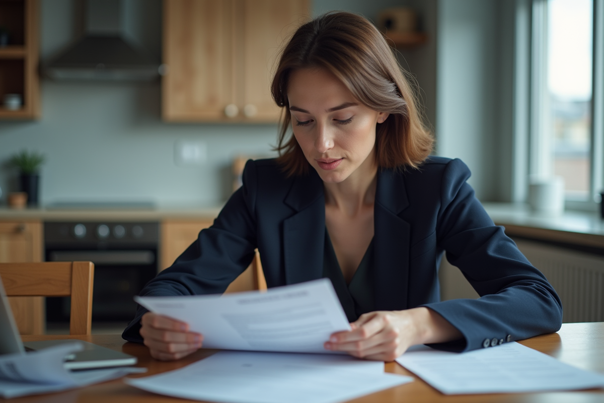 Femme professionnelle lit un document officiel dans une cuisine moderne