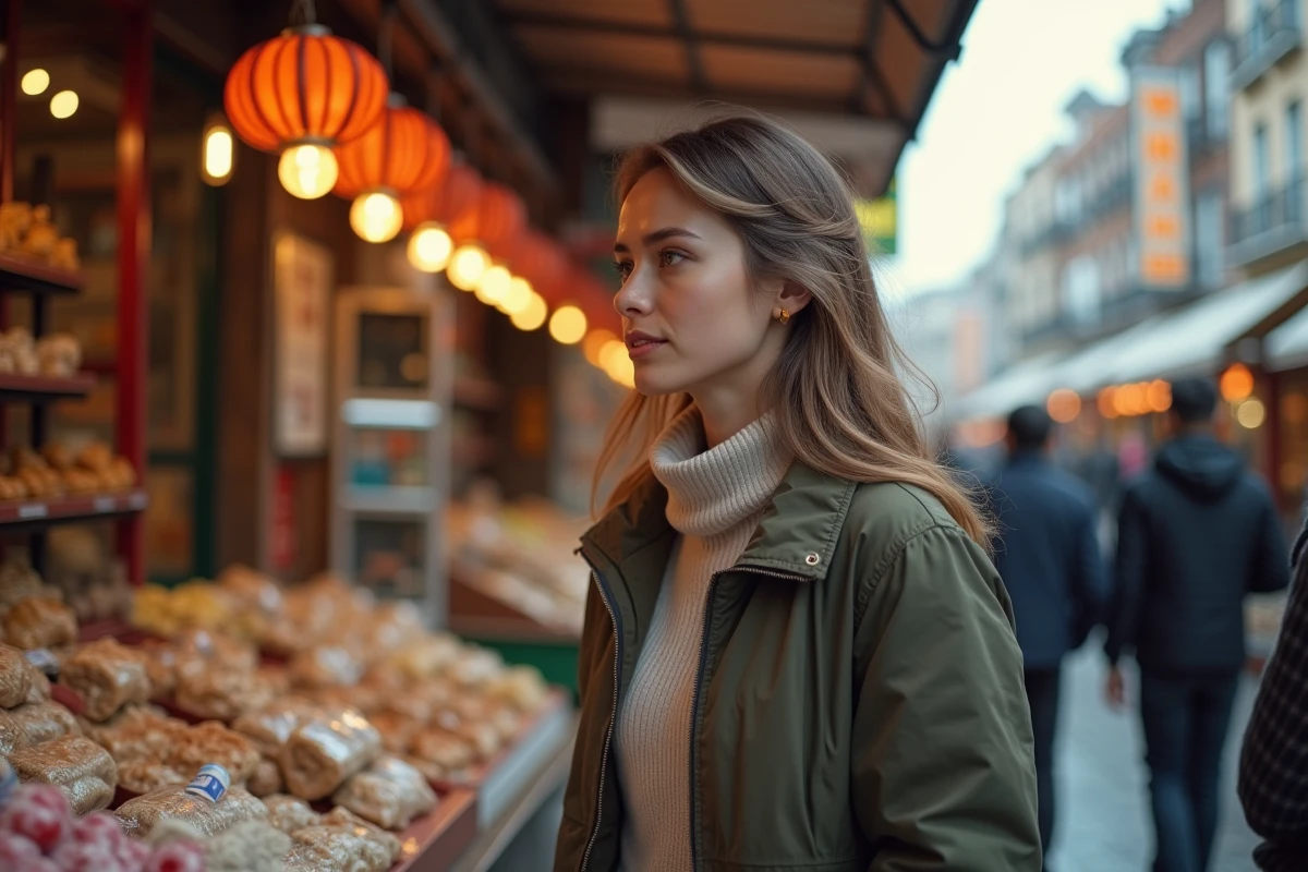 Jeune femme dans un march&eacute; en plein air examine un produit