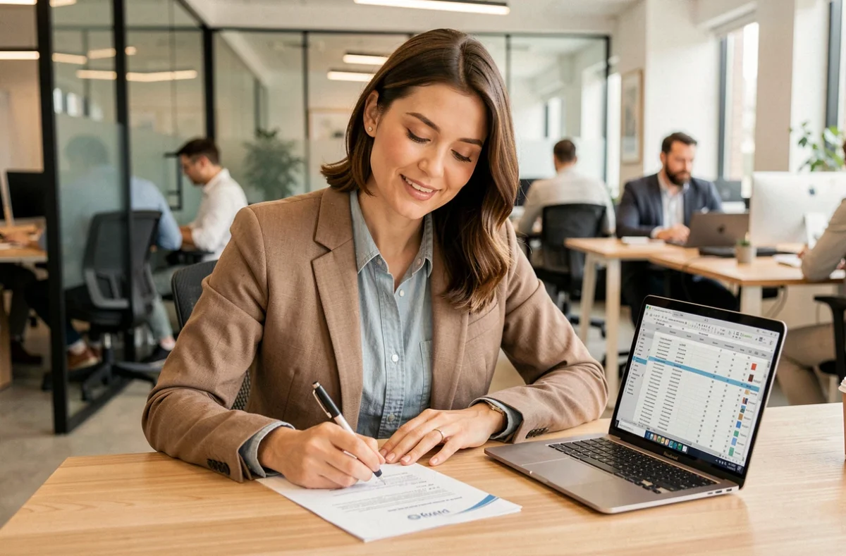 Femme professionnelle du bâtiment en portage salarial signant un contrat dans un espace de coworking