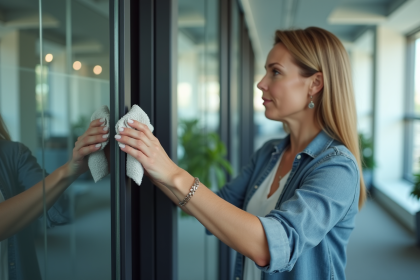 Femme nettoyant une poignée de verre dans un bureau moderne