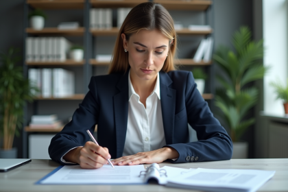Femme en blazer navy organise des papiers au bureau