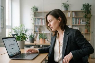 Femme professionnelle en blazer dans un bureau moderne
