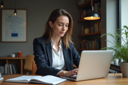 Femme professionnelle lisant un document CPF SA 2025 dans un bureau moderne