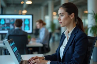 Femme professionnelle travaillant sur un tableau de bord de cybersécurité dans un bureau moderne