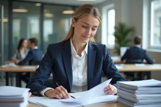 Femme professionnelle consultant un extrait Kbis et des documents administratifs officiels dans un bureau moderne