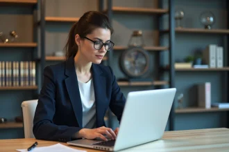 Femme professionnelle consultant des informations légales en ligne sur un ordinateur portable dans un bureau moderne