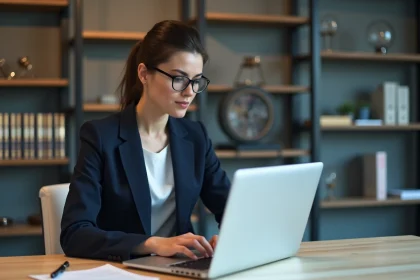 Femme professionnelle consultant des informations légales en ligne sur un ordinateur portable dans un bureau moderne