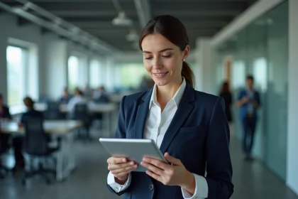 Femme professionnelle consultant une plateforme de networking B2B sur tablette dans un bureau moderne