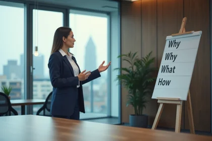 Jeune femme d'affaires en r&eacute;union avec panneau explicatif