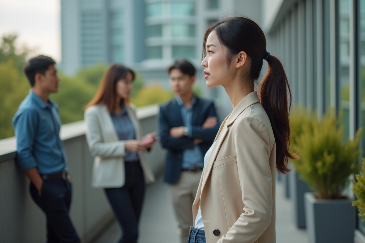 Jeune femme professionnelle observant une discussion en ville
