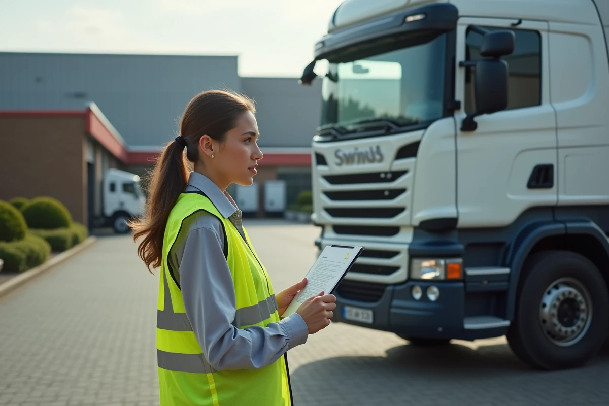 Jeune femme avec gilet de s&eacute;curit&eacute; pr&egrave;s d&rsquo;un camion suisse