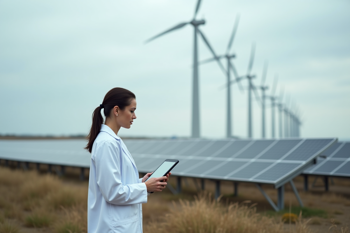 Scientifique femme avec tablette devant éoliennes et panneaux solaires