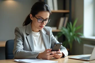 Femme utilisant l'application My People docs sur son smartphone pour gérer des documents sécurisés au bureau