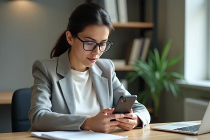 Femme utilisant l'application My People docs sur son smartphone pour gérer des documents sécurisés au bureau