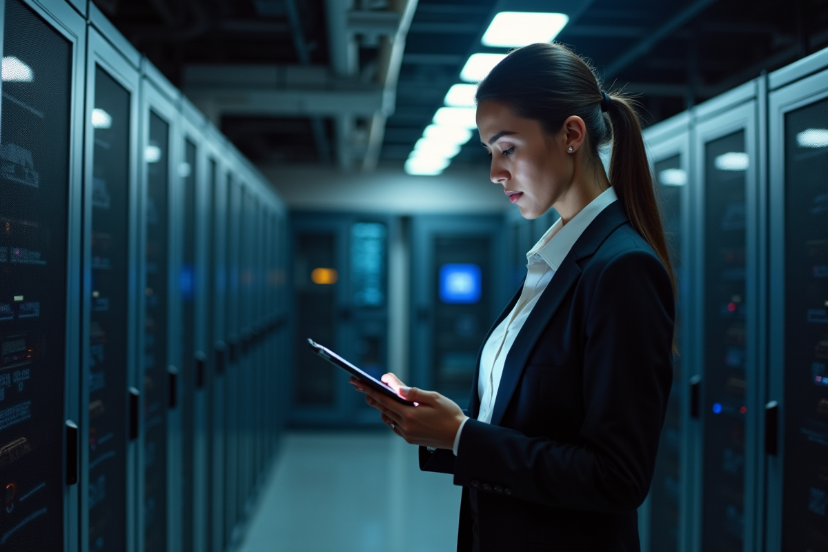 Femme en costume vérifiant une alerte sur sa tablette dans un centre serveur