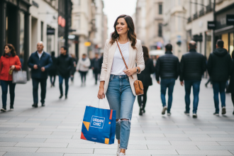 Femme élégante avec sac de shopping dans la ville