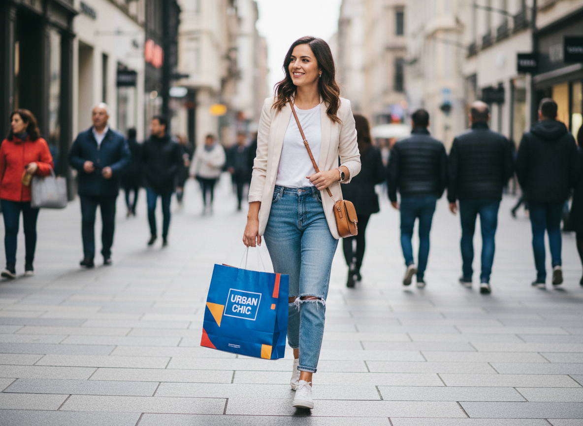 Femme élégante avec sac de shopping dans la ville