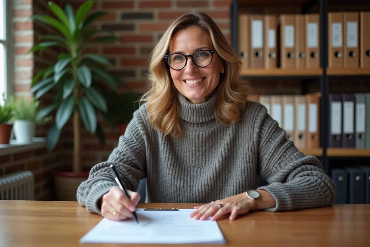 Femme d affaires signant un document dans un bureau chaleureux