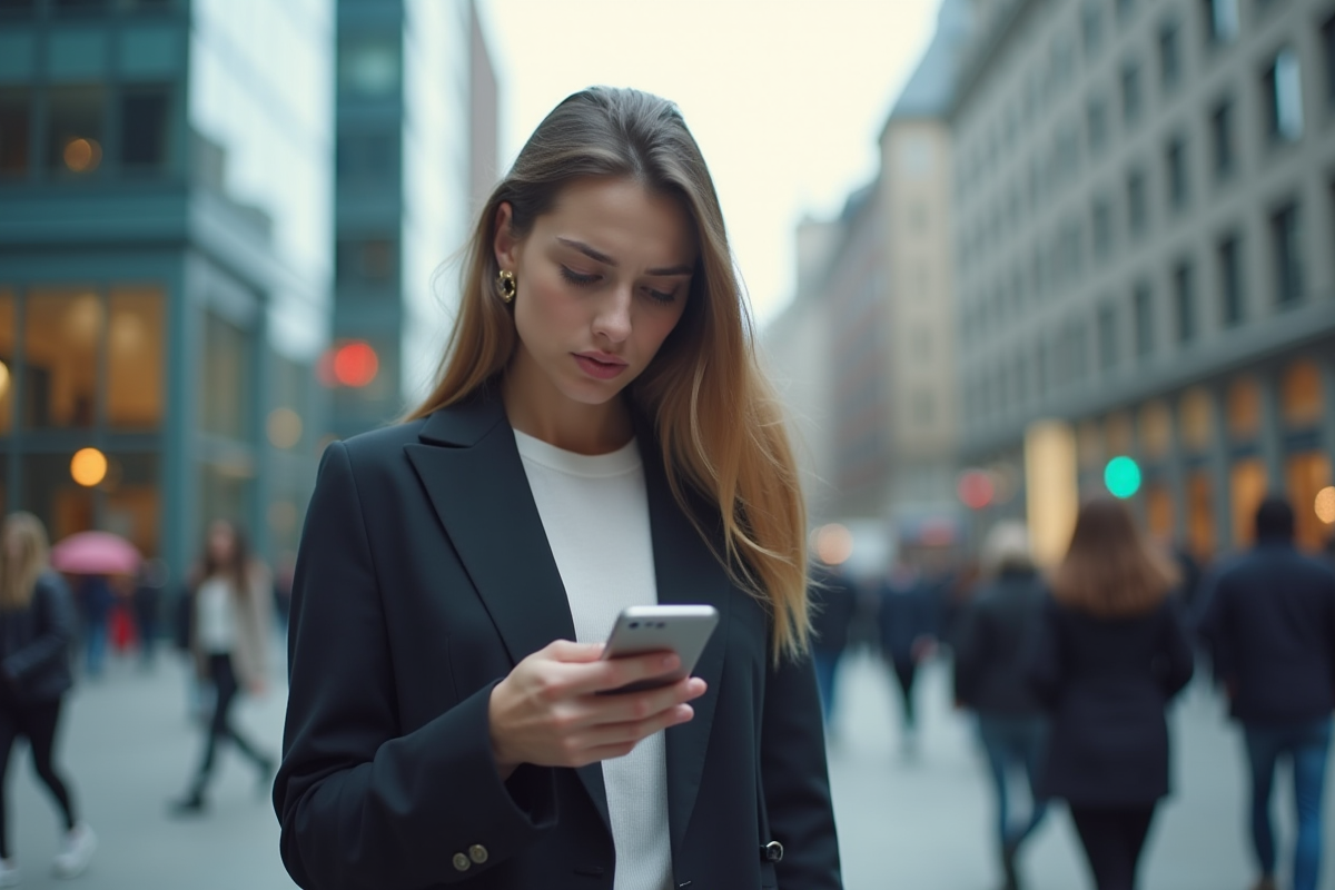 Jeune femme dans la rue vérifiant son smartphone