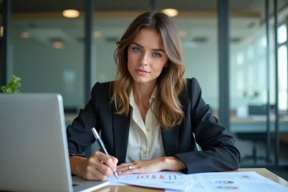 Jeune femme concentrée travaillant sur des graphiques publicitaires