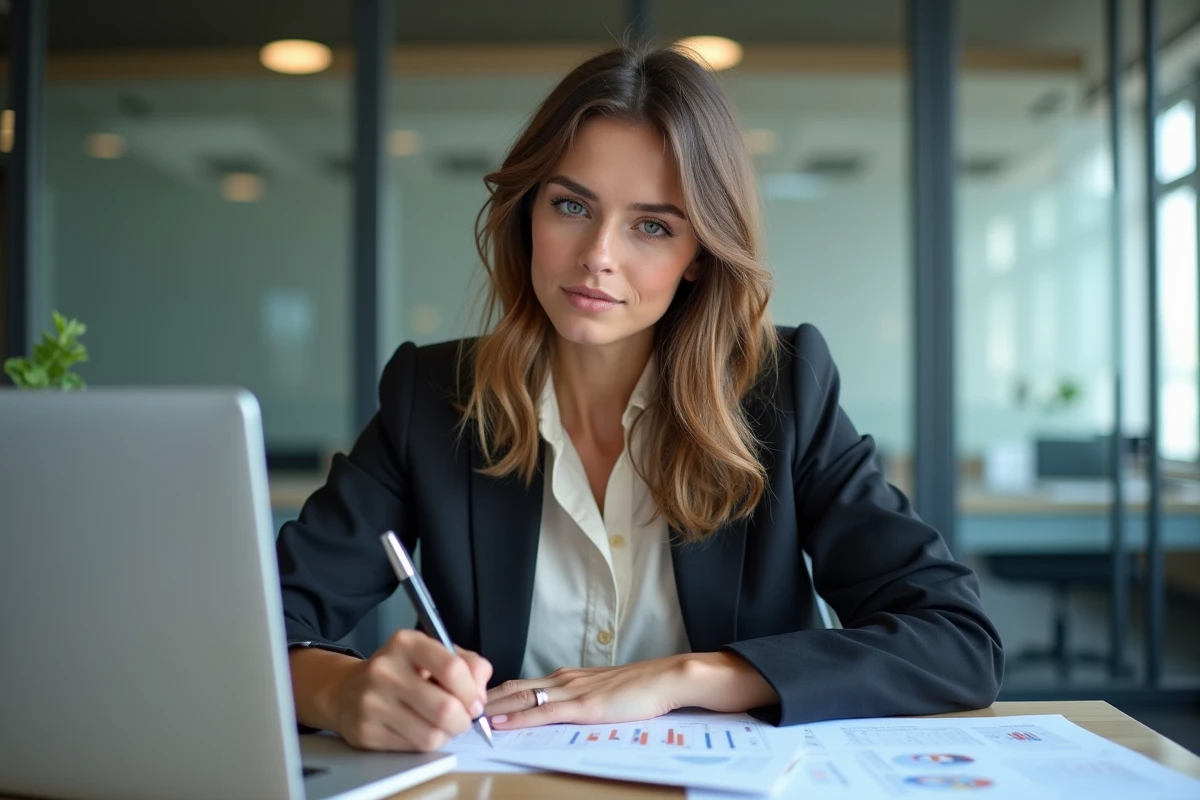 Jeune femme concentrée travaillant sur des graphiques publicitaires