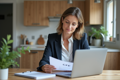 Femme d'âge moyen travaillant sur des documents CFE dans une cuisine lumineuse