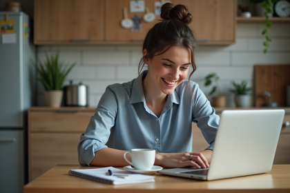 Femme souriante en télétravail à la maison avec ordinateur