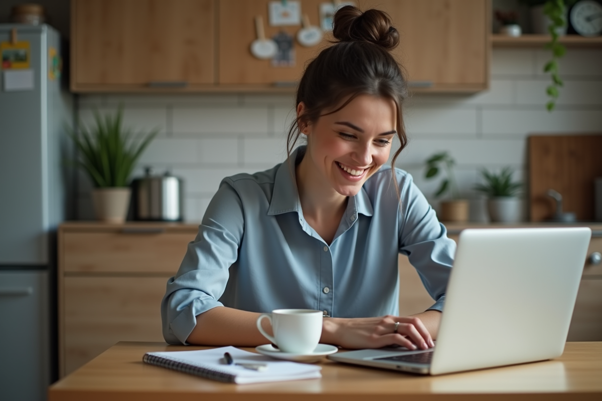 Femme souriante en télétravail à la maison avec ordinateur