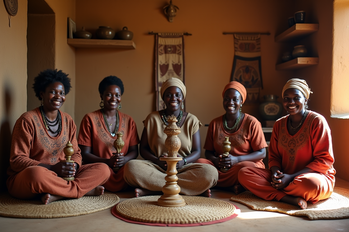 Femmes africaines souriantes avec objets rituels dans une pièce
