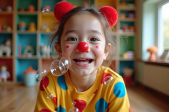 Jeune femme en costume de clown soufflant des bulles dans une salle colorée