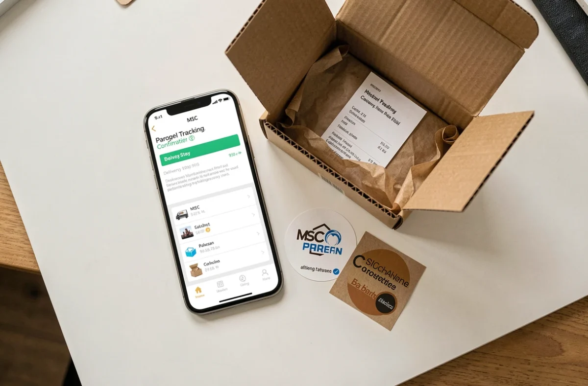 Flat lay d'un smartphone affichant une notification de suivi de colis MSC avec une boîte d'expédition et un bon de livraison imprimé