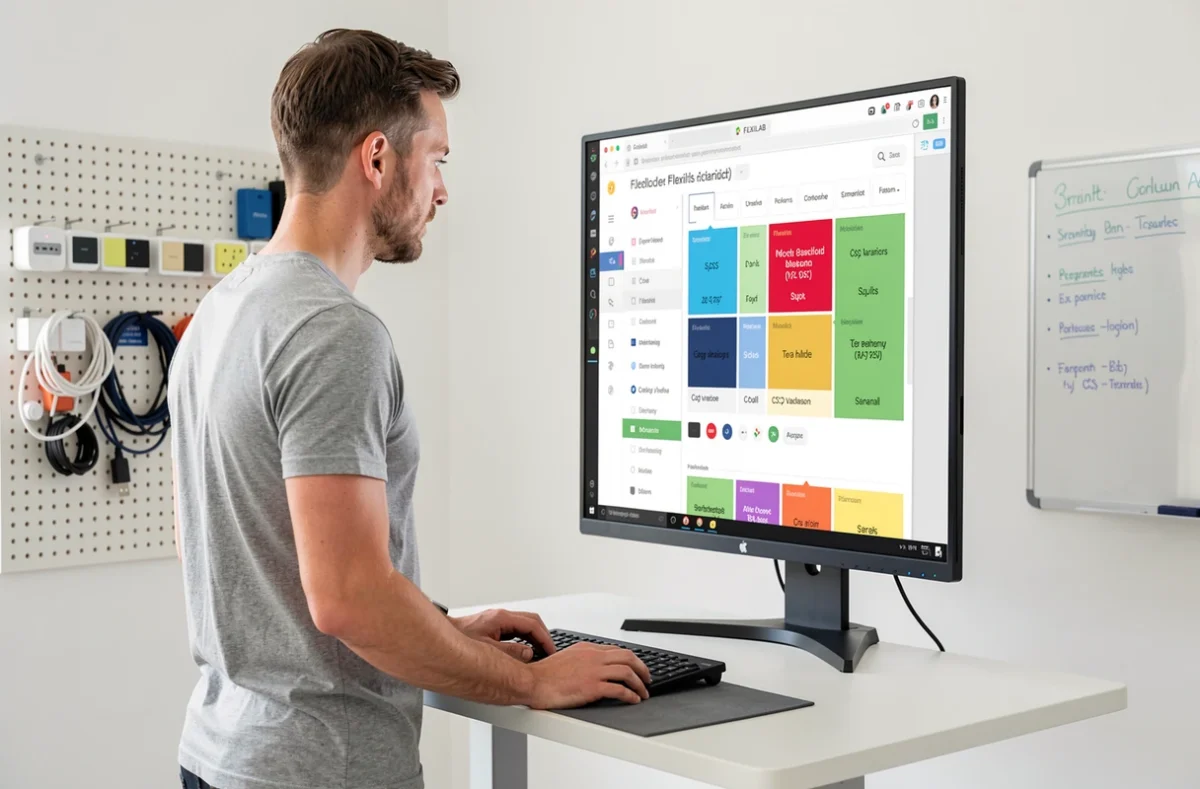 Développeur full-stack de l'agence FLEXILAB devant un écran affichant une bibliothèque de composants web modulaires
