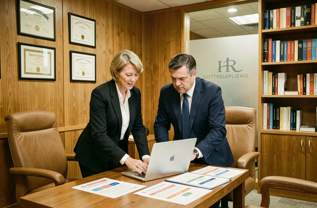 Deux professionnels RH de Florian Mantione Institut collaborant sur des outils d'évaluation des compétences dans un bureau élégant à Lorient