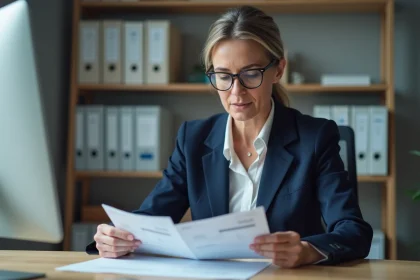 Fonctionnaire femme examinant sa fiche de paie dans un bureau administratif en 2026