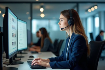 Agente de service client form&eacute;e au live chat, assise &agrave; son poste de travail dans un centre d'appels moderne avec des &eacute;crans affichant une interface de chat en direct