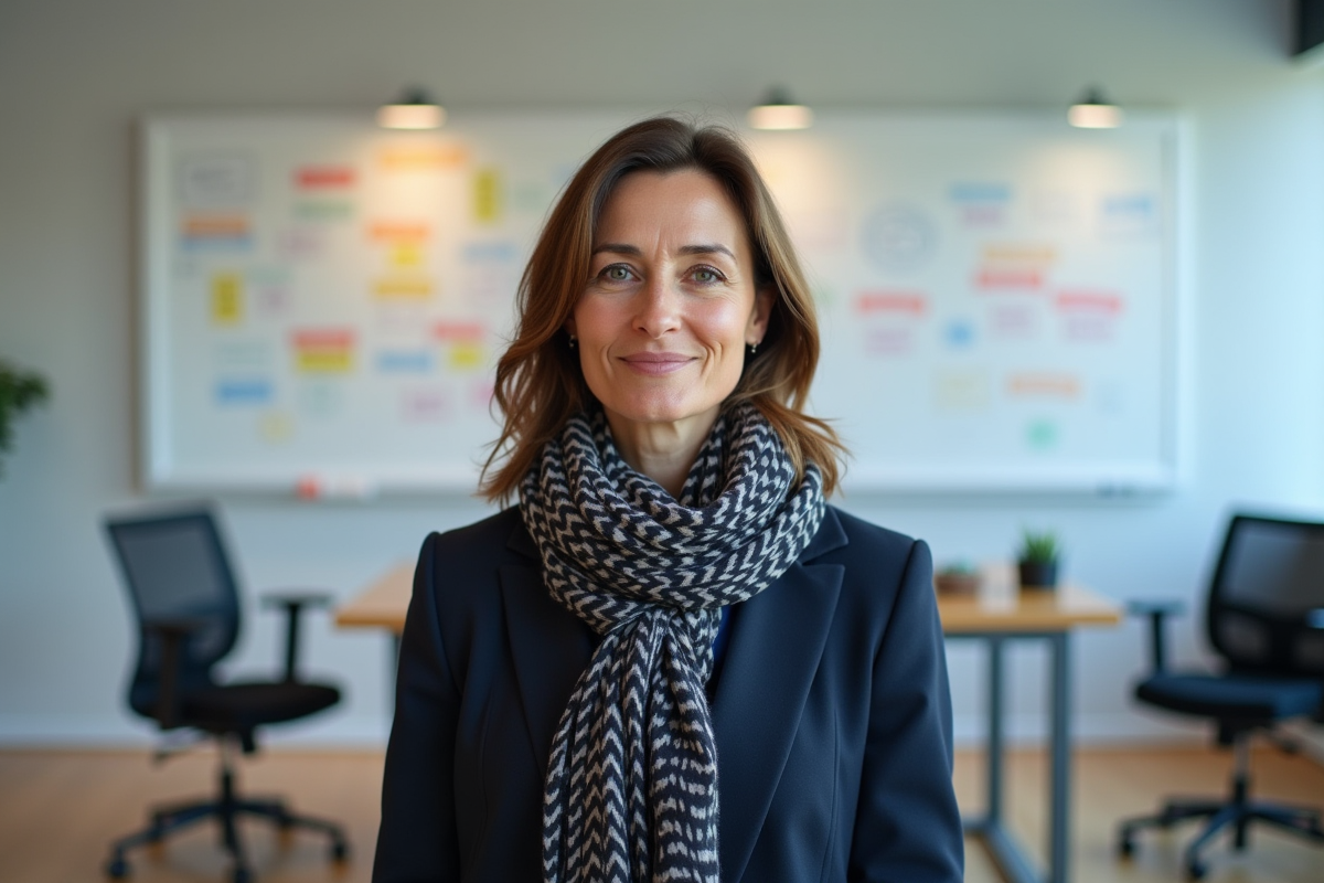 Femme en formation devant un tableau blanc avec notes colorées