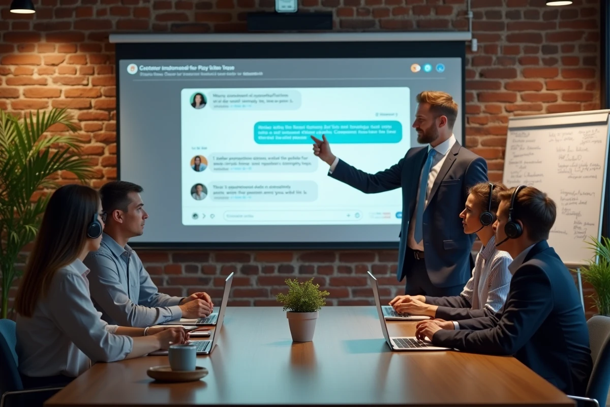 Session de formation en groupe pour des agents de support client apprenant à utiliser le live chat, réunis autour d'une table de conférence avec un formateur présentant des bonnes pratiques