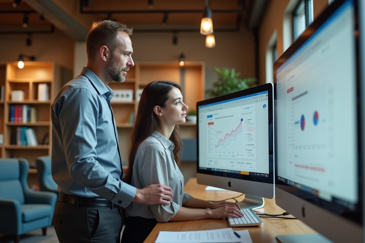 Formateur et jeune femme utilisant elgeaweb sur un &eacute;cran