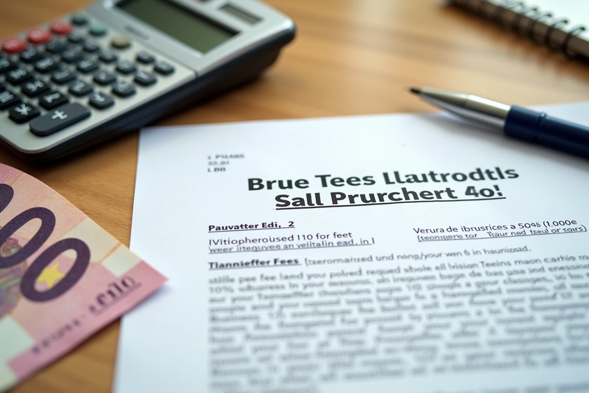 Vue aérienne d'un bureau avec contrat de cession, calculatrice et billets illustrant les frais de cession de commerce