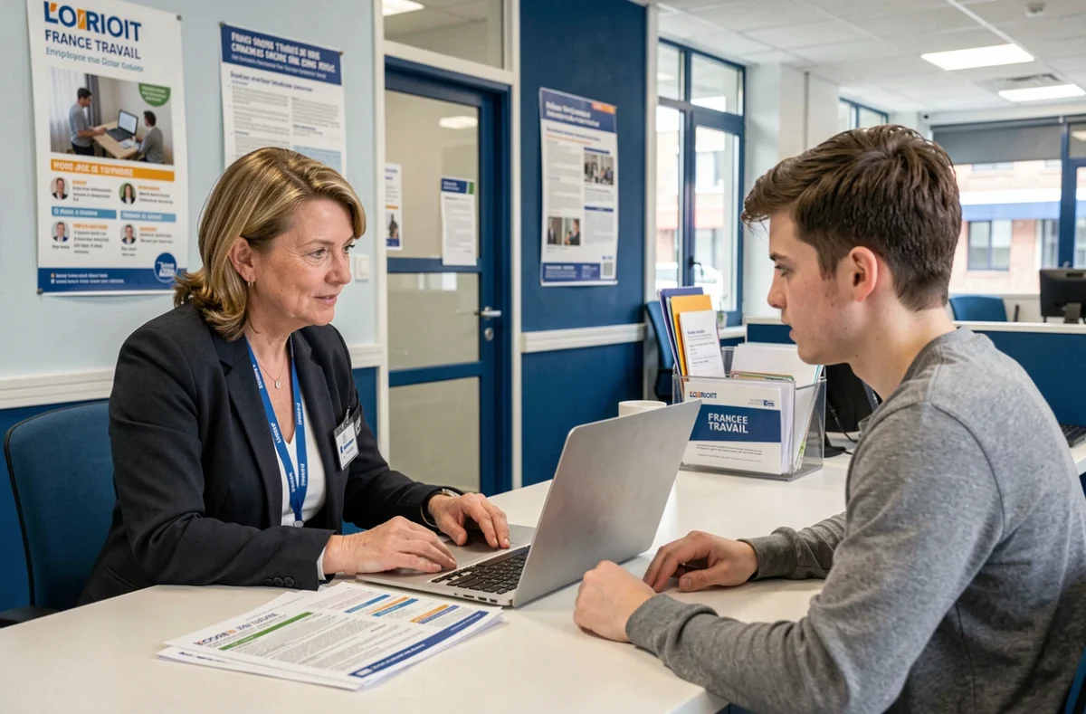 Conseillère France Travail à Lorient en entretien avec un jeune candidat autour d'offres d'emploi imprimées et d'un ordinateur portable
