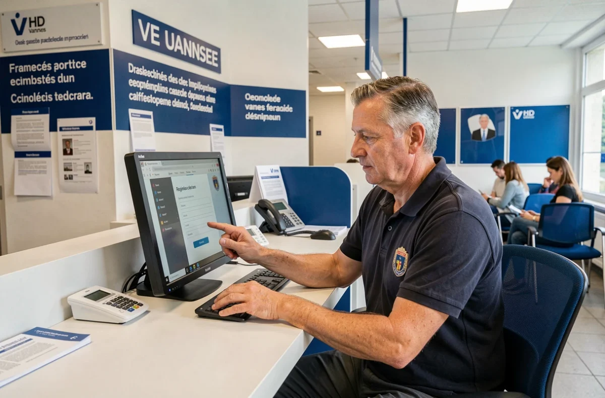 Conseiller emploi de l'agence France Travail de Vannes accompagnant un demandeur d'emploi dans ses démarches d'inscription en ligne