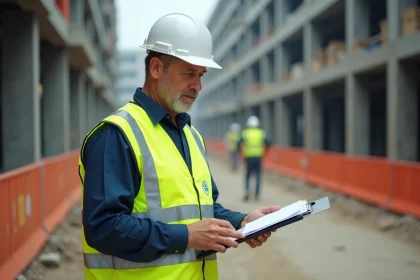Ouvrier en chantier portant un gilet haute visibilité jaune personnalisé avec bandes réfléchissantes sur site de construction urbain