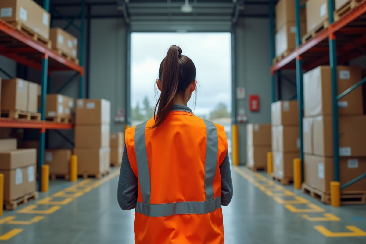 Femme logisticienne en entrepôt portant un gilet de sécurité orange personnalisé avec logo d'entreprise imprimé dans le dos