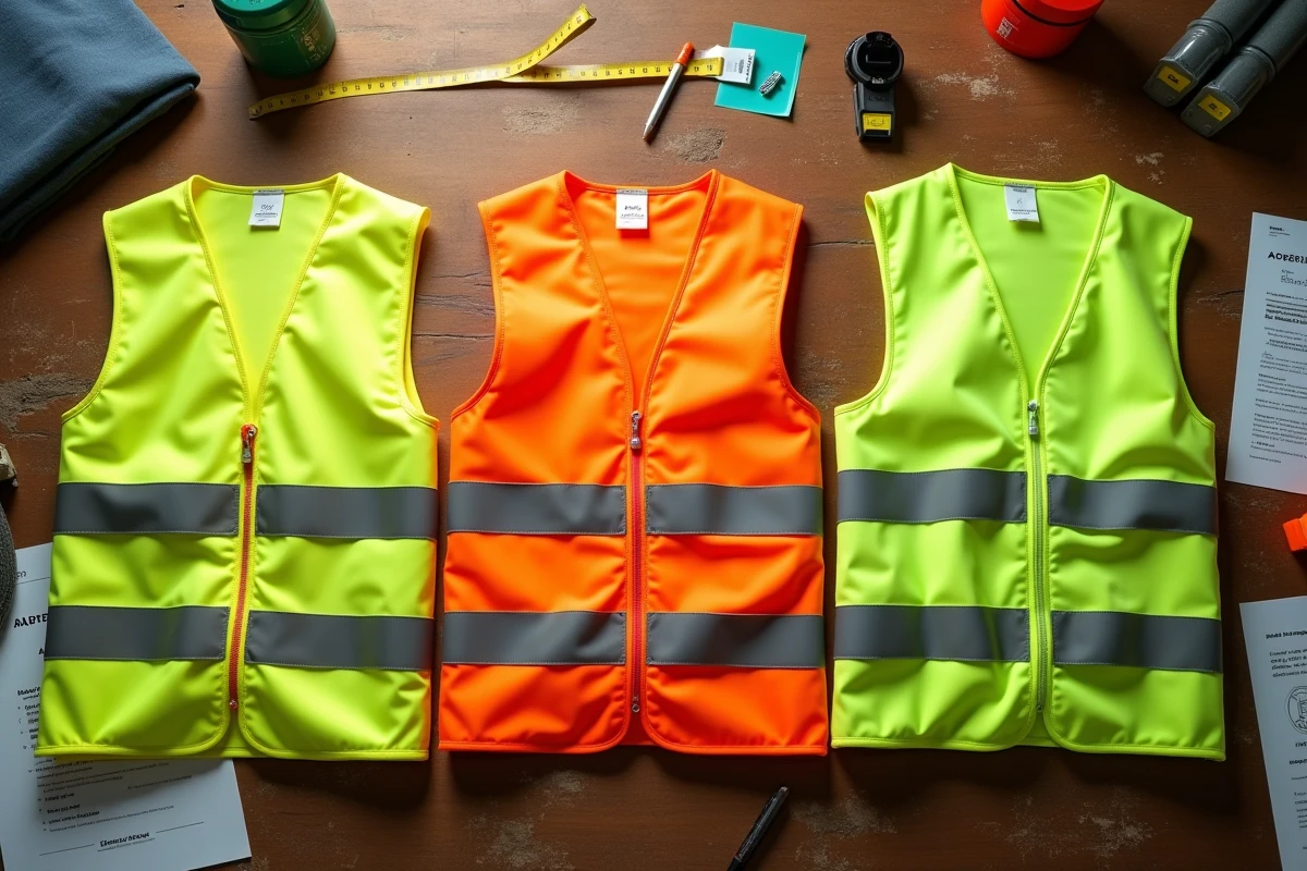 Gilets haute visibilité personnalisés jaune orange et vert disposés en flat lay sur table d'atelier avec accessoires de commande et tissus